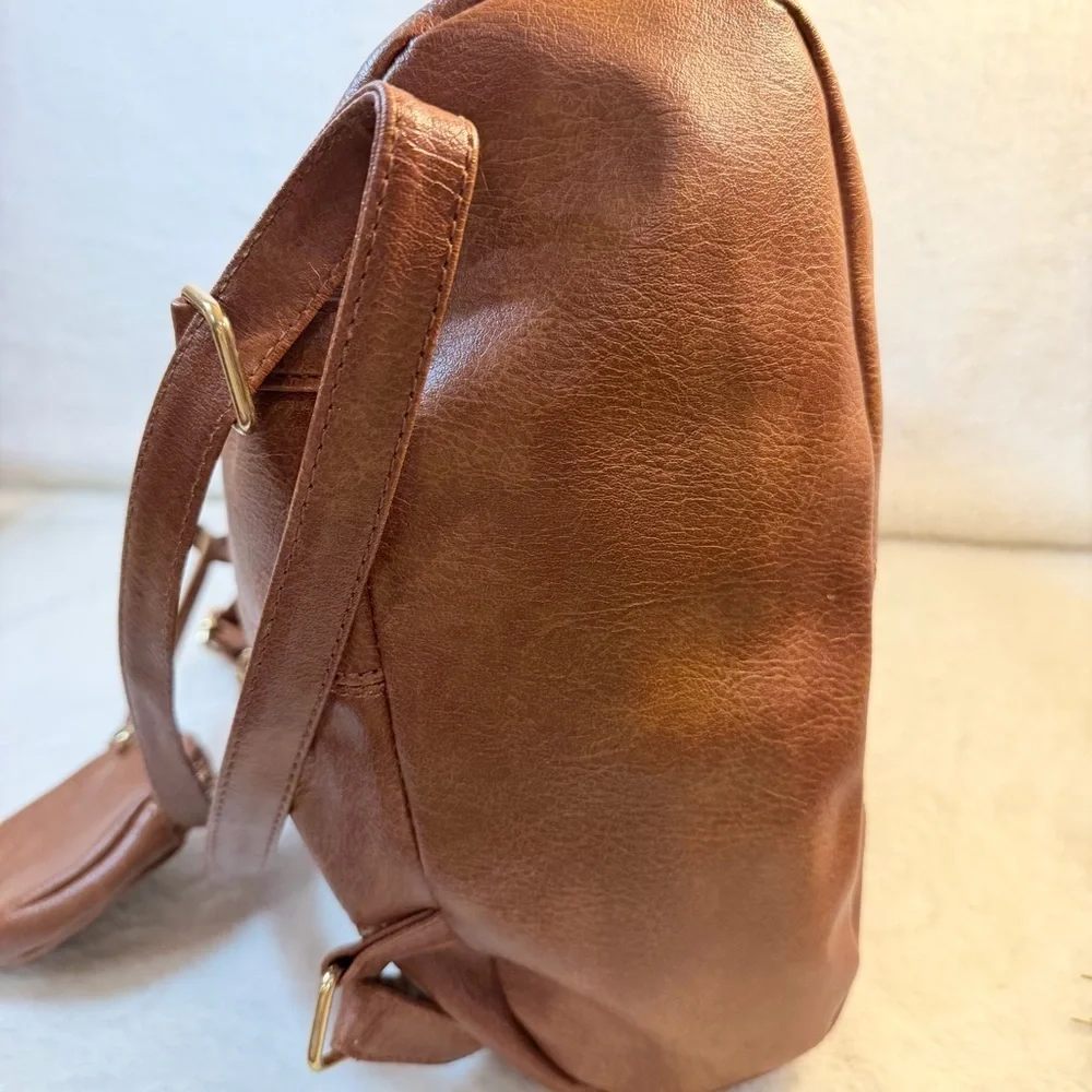 Under One Sky Brown Vegan Leather BOHO‎ Backpack Sherpa Trim Matching Coin Purse